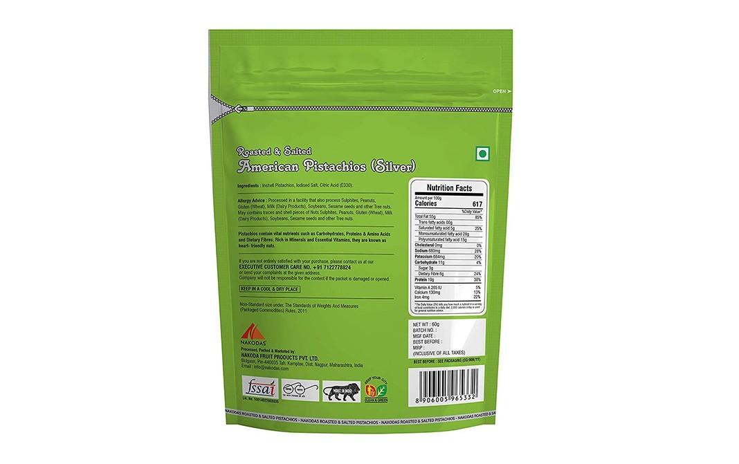 Nakodas Roasted & Salted American Pistachios (Silver)   Pack  60 grams